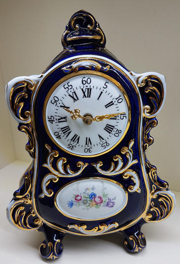stolní hodiny české baroko porcelán modré CZ  - 1