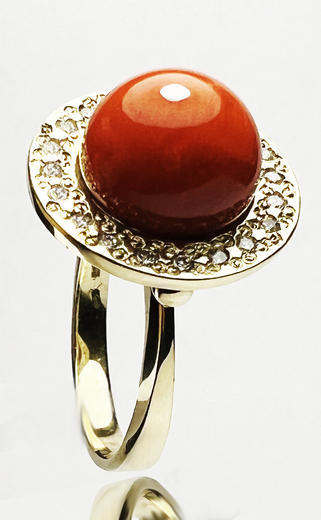Zlatý prsten s korálem a diamanty 014751  - 2